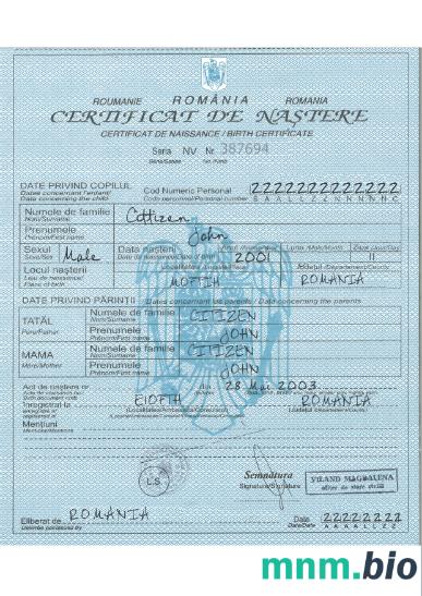 Romania narodziny certyfikat